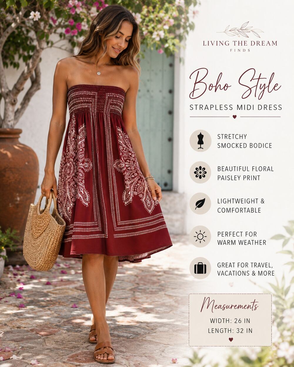 Women's Burgundy Boho Strapless Smocked Midi Dress Floral Paisley Print One Size